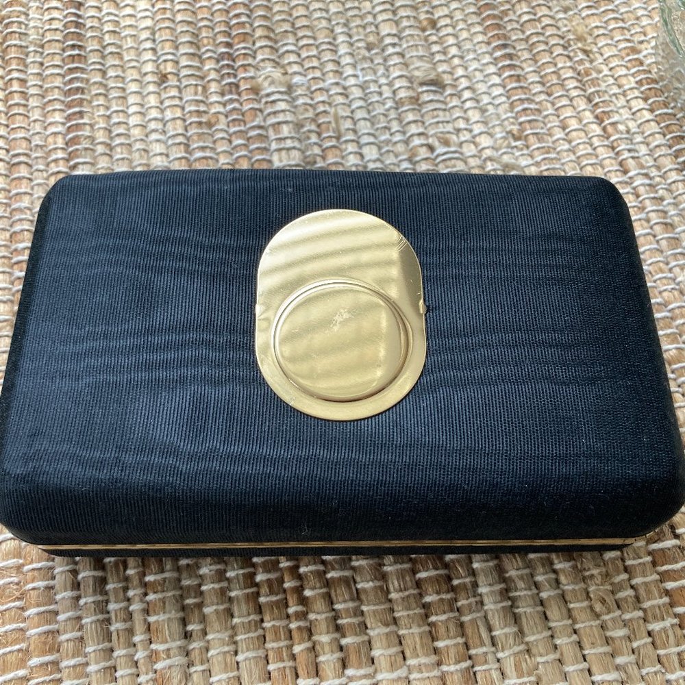 Monet Vintage Black Gold Hinged jewelry Box Satin Fabric